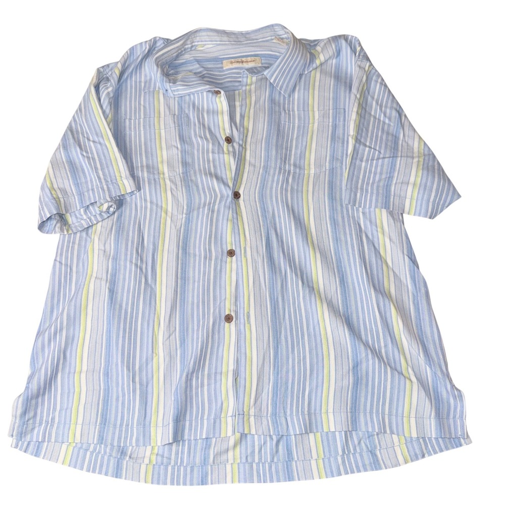 Tommy Bahama Button Down Shirt XL Blue Striped 100% Silk Short Sleeve Camp